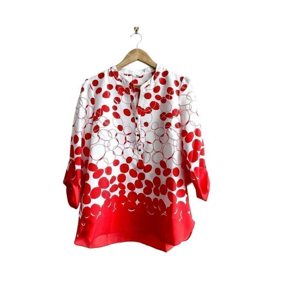 Milano Blouse Top White Red Dots Button Up Shirt Women's M Adjustable Sleeves - Picture 1 of 8